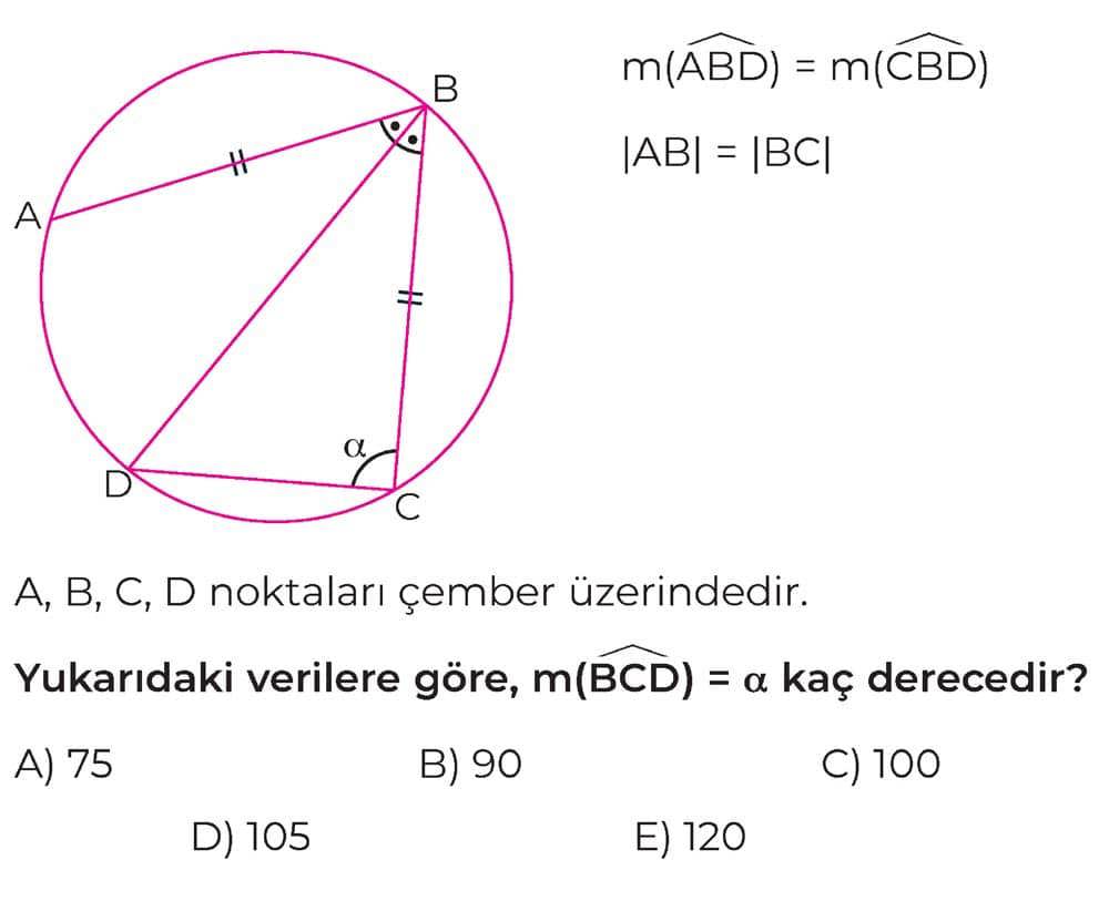 m(ABD) = m(CBD) |AB| = |BC| A, B, C, D noktaları çember üzerindedir. Yukarıdaki verilere göre