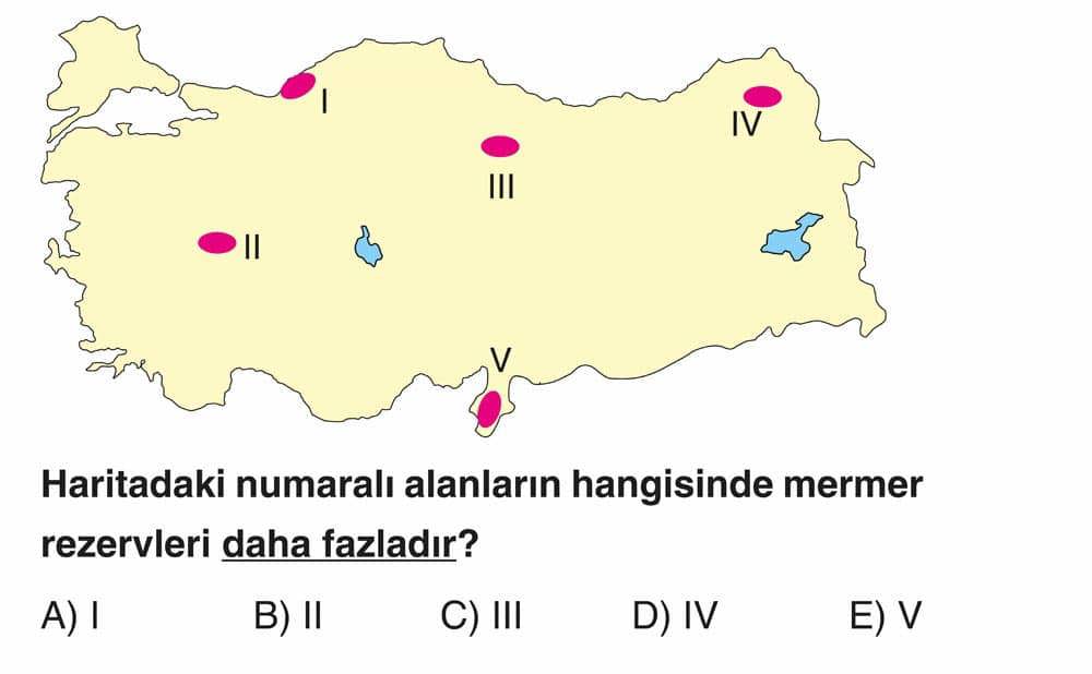 Haritadaki numaralı alanların hangisinde mermer rezervleri daha fazladır?