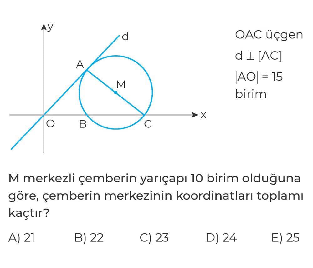 OAC üçgen d ⊥ [AC] |AO| = 15 birim M merkezli çemberin yarıçapı 10 birim olduğuna göre, çemberin