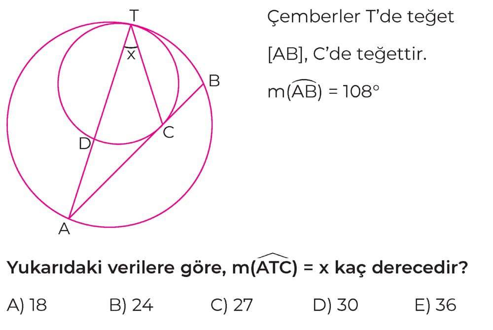 Çemberler T'de teğet [AB], C'de teğettir. m(AB) = 108° Yukarıdaki verilere göre, m(ATC) = x kaç