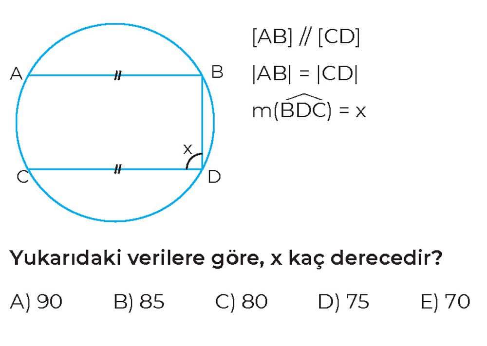 [AB] // [CD] |AB| = |CD| m(BDC) = x Yukarıdaki verilere göre, x kaç derecedir?
