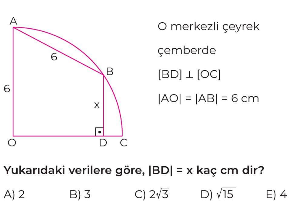 O merkezli çeyrek çemberde [BD] ⊥ [OC] |AO| = |AB| = 6 cm Yukarıdaki verilere göre, |BD| = x kaç cm