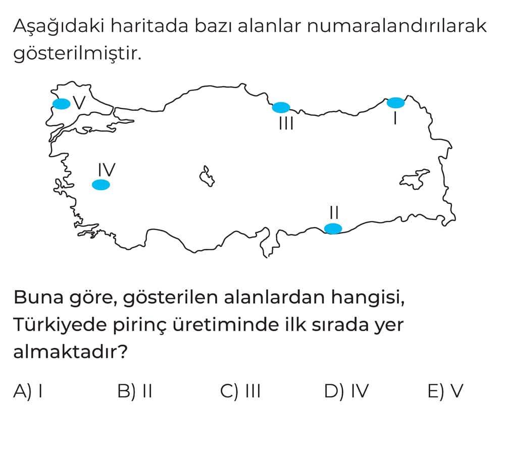 Aşağıdaki haritada bazı alanlar numaralandırılarak gösterilmiştir. Buna göre, gösterilen alanlardan