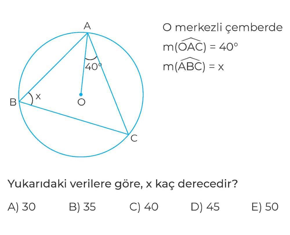 O merkezli çemberde m(OAC) = 40° m(ABC) = x Yukarıdaki verilere göre, x kaç derecedir?
