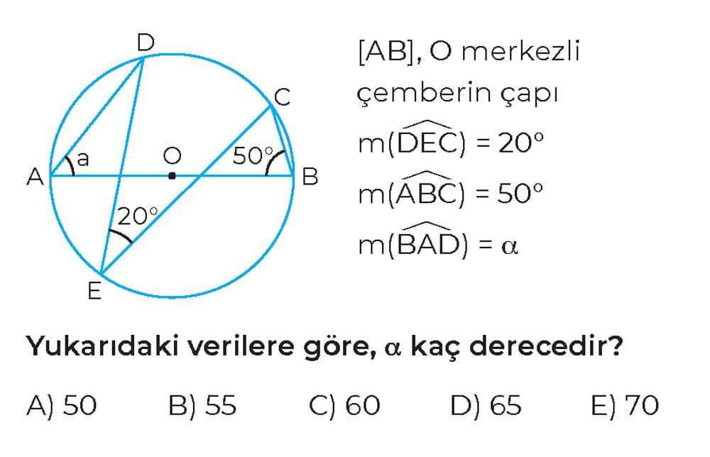 [AB], O merkezli çemberin çapı m(DEC) = 20° m(ABC) = 50° m(BAD) = α Yukarıdaki verilere göre, α kaç