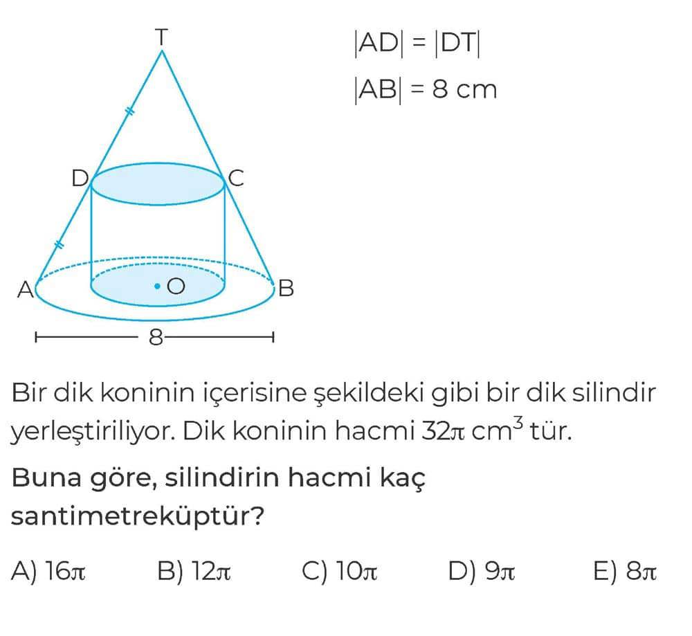 |AD| = |DT| |AB| = 8 cm Bir dik koninin içerisine şekildeki gibi bir dik silindir yerleştiriliyor