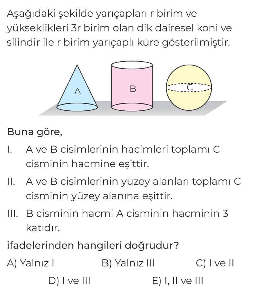 Aşağıdaki şekilde yarıçapları r birim ve yükseklikleri 3r birim olan dik dairesel koni ve silindir