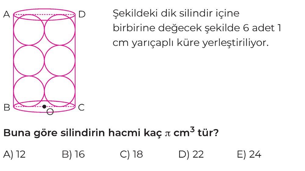 Şekildeki dik silindir içine birbirine değecek şekilde 6 adet 1 cm yarıçaplı küre yerleştiriliyor. Buna göre silindirin hacmi