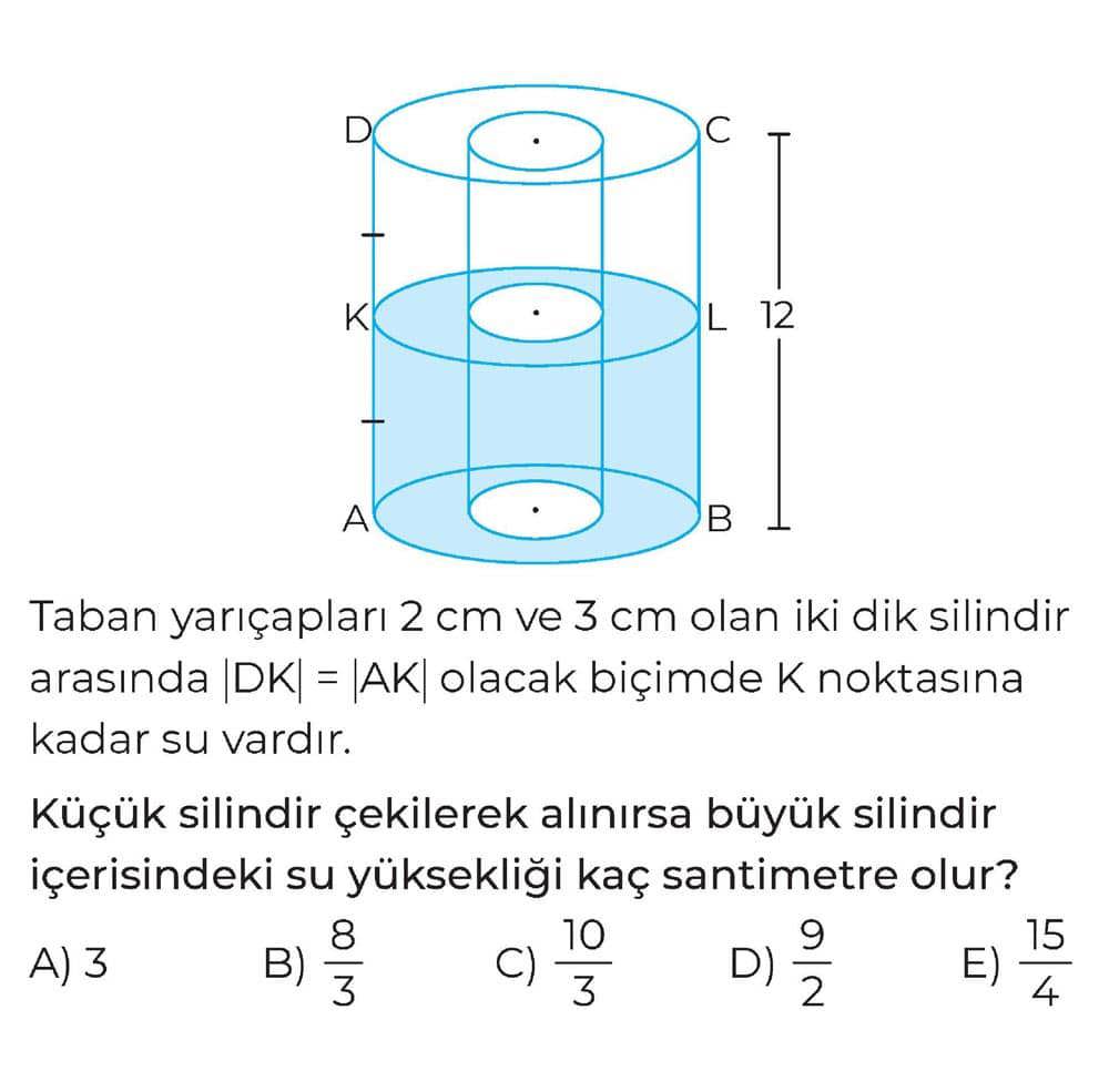 Taban yarıçapları 2 cm ve 3 cm olan iki dik silindir arasında |DK| = |AK| olacak biçimde K noktasına