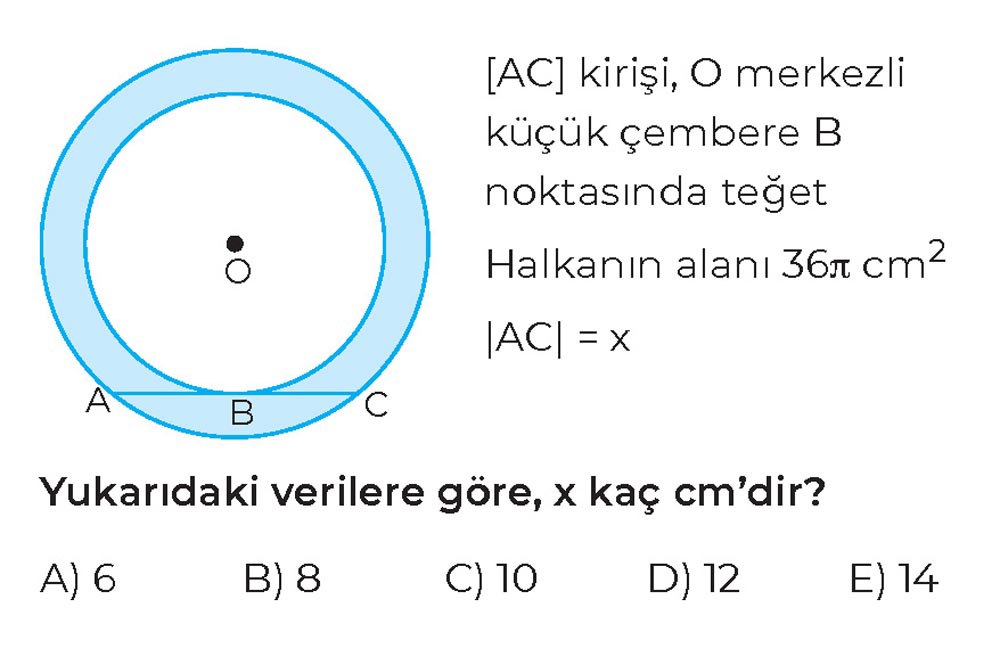 [AC] kirişi, O merkezli küçük çembere B noktasında teğet Halkanın alanı 36π cm² |AC| = x Yukarıdaki