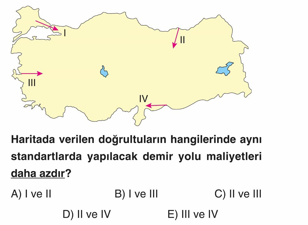 Haritada verilen doğrultuların hangilerinde aynı standartlarda yapılacak demir yolu maliyetleri daha