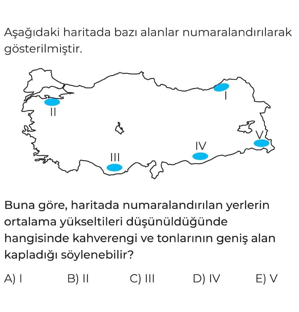Aşağıdaki haritada bazı alanlar numaralandırılarak gösterilmiştir. Buna göre, haritada