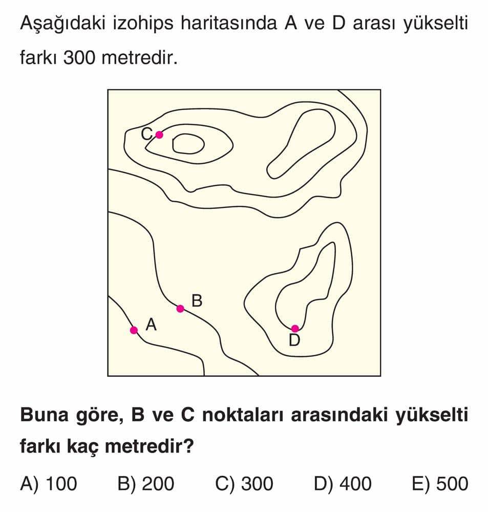 Aşağıdaki izohips haritasında A ve D arası yükselti farkı 300 metredir. Buna göre, B ve C noktaları