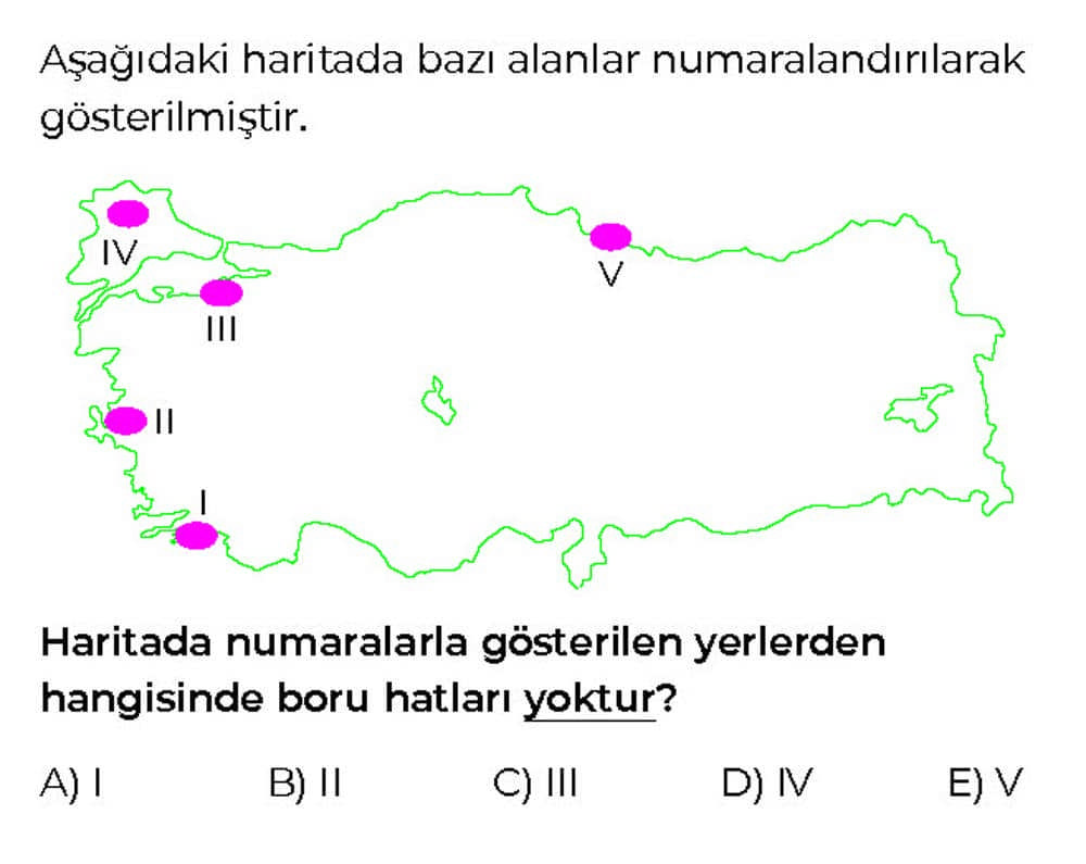 Aşağıdaki haritada bazı alanlar numaralandırılarak gösterilmiştir. Haritada numaralarla gösterilen