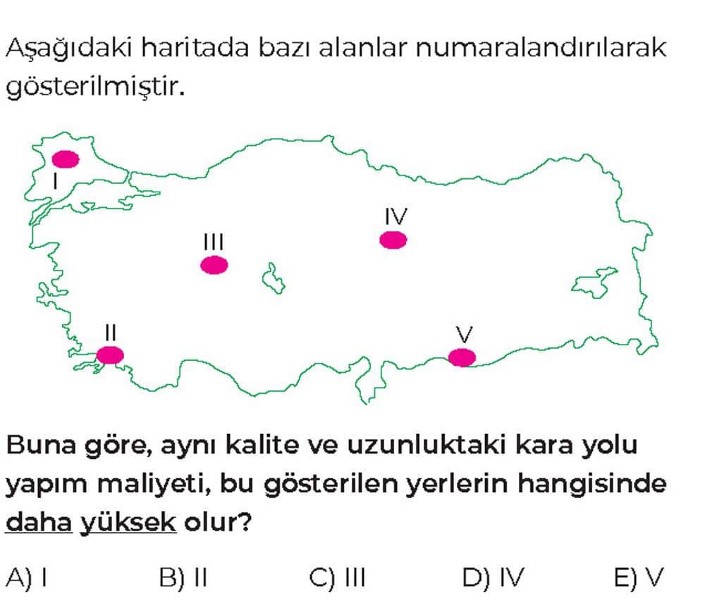 Aşağıdaki haritada bazı alanlar numaralandırılarak gösterilmiştir. Buna göre, aynı kalite ve