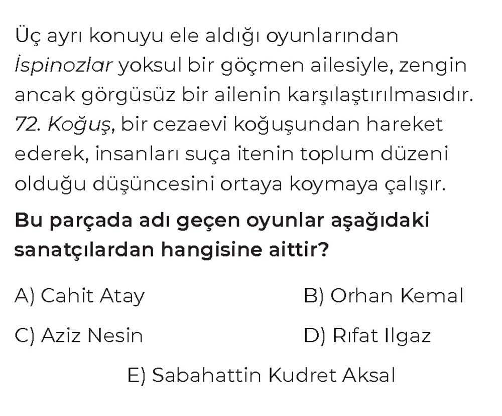 Üç ayrı konuyu ele aldığı oyunlarından İspinozlar yoksul bir göçmen ailesiyle, zengin ancak görgüsüz