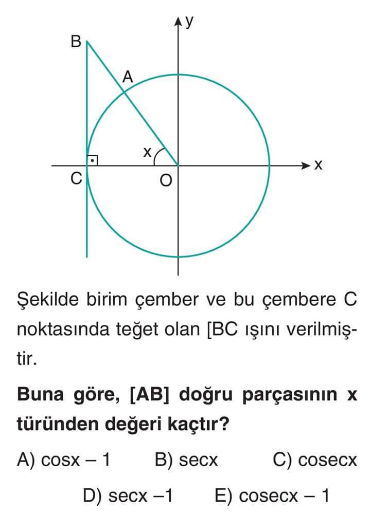 Şekilde birim çember ve bu çembere C noktasında teğet olan [BC ışını verilmiştir. Buna göre, [AB]