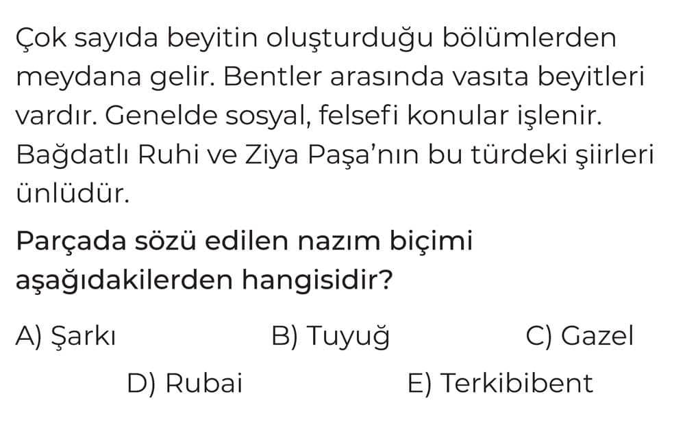 Çok sayıda beyitin oluşturduğu bölümlerden meydana gelir. Bentler arasında vasıta beyitleri vardır