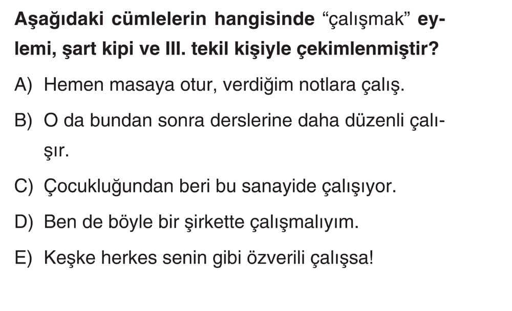Aşağıdaki cümlelerin hangisinde "çalışmak" eylemi, şart kipi ve III. tekil kişiyle çekimlenmiştir?