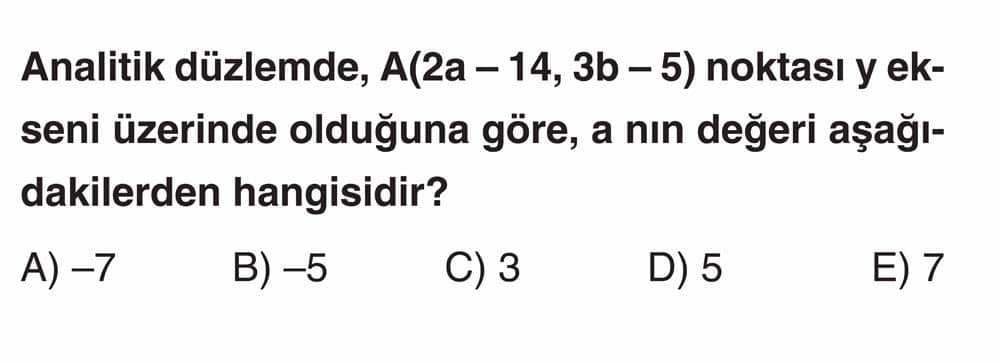 Analitik düzlemde, A(2a - 14, 3b - 5) noktası y ekseni üzerinde olduğuna göre, a nın değeri