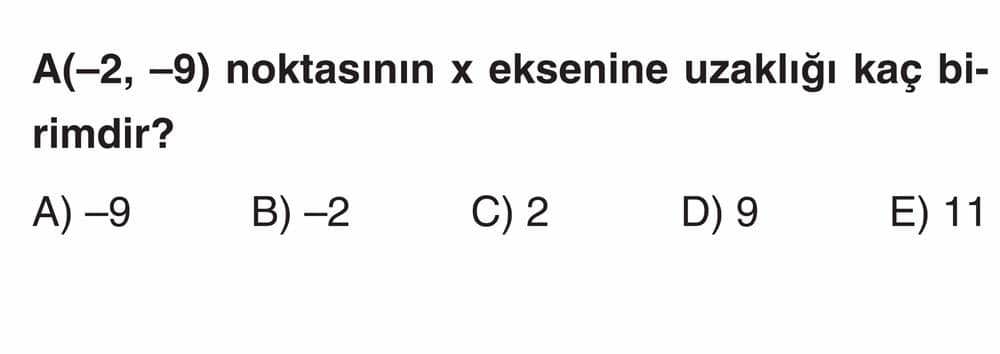 A(-2, -9) noktasının x eksenine uzaklığı kaç birimdir?