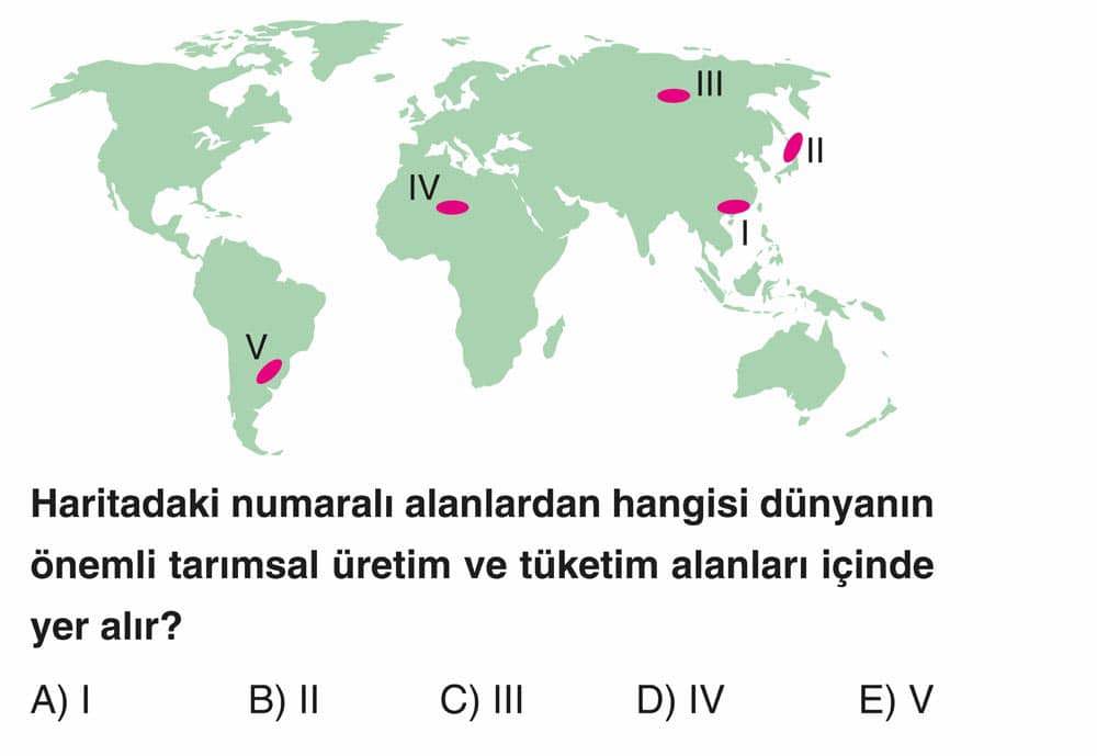 Haritadaki numaralı alanlardan hangisi dünyanın önemli tarımsal üretim ve tüketim alanları içinde