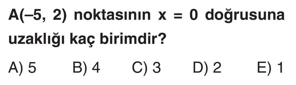 A(-5, 2) noktasının x = 0 doğrusuna uzaklığı kaç birimdir?