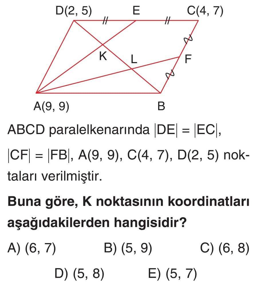 ABCD paralelkenarında |DE| = |EC|, |CF| = |FB|, A(9, 9), C(4, 7), D(2, 5) noktaları verilmiştir