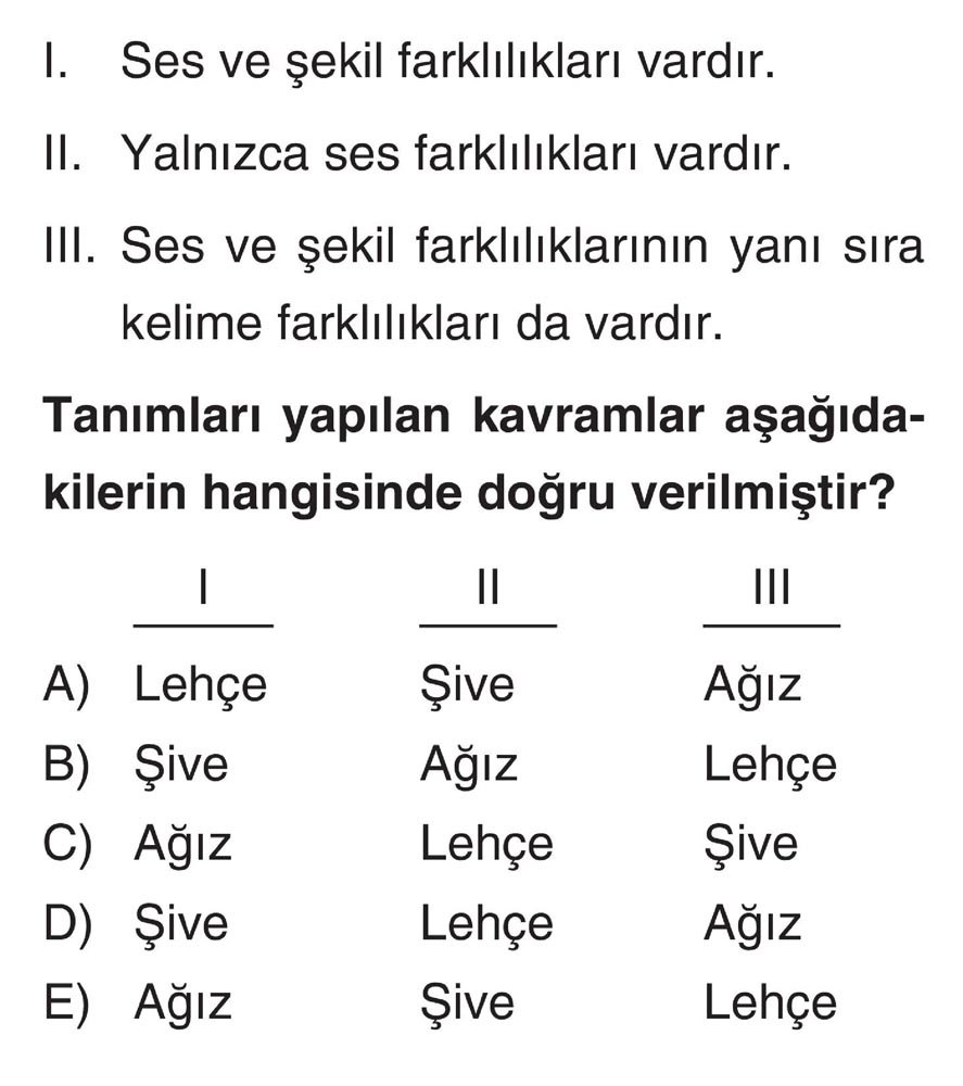 I. Ses ve şekil farklılıkları vardır. II. Yalnızca ses farklılıkları vardır. III. Ses ve şekil