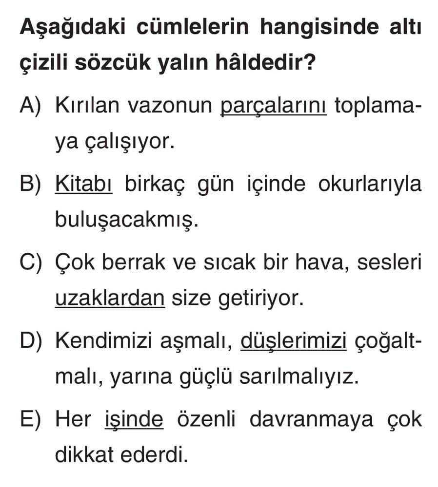 Aşağıdaki cümlelerin hangisinde altı çizili sözcük yalın hâldedir?