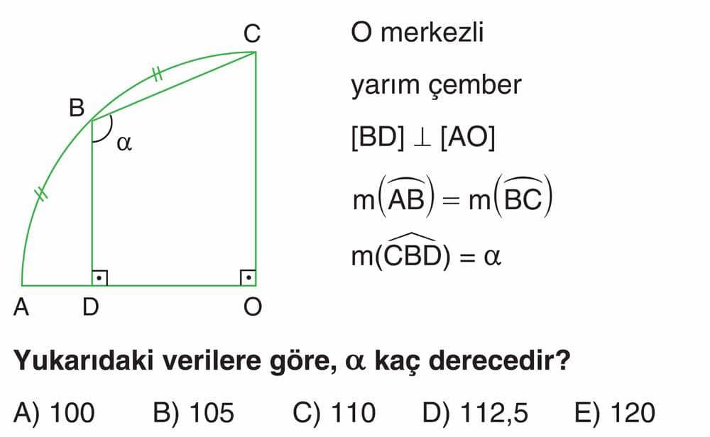 O merkezli yarım çember [BD] ⊥ [AO] m(AB) = m(BC) m(CBD) = α Yukarıdaki verilere göre, α kaç