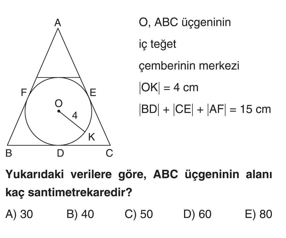 O, ABC üçgeninin iç teğet çemberinin merkezi |OK| = 4 cm |BD| + |CE| + |AF| = 15 cm Yukarıdaki