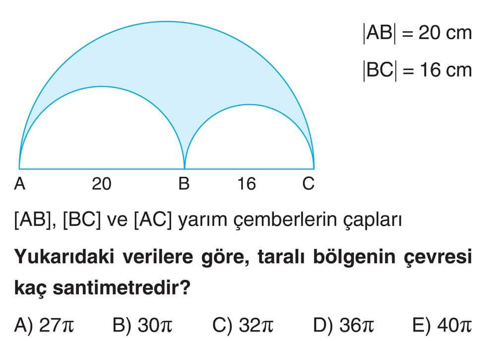 |AB| = 20 cm |BC| = 16 cm [AB], [BC] ve [AC] yarım çemberlerin çapları Yukarıdaki verilere göre
