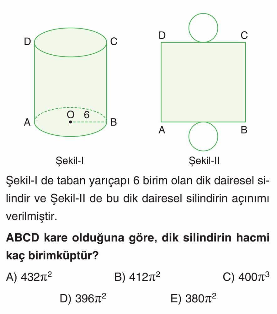 Şekil-I de taban yarıçapı 6 birim olan dik dairesel silindir ve Şekil-II de bu dik dairesel