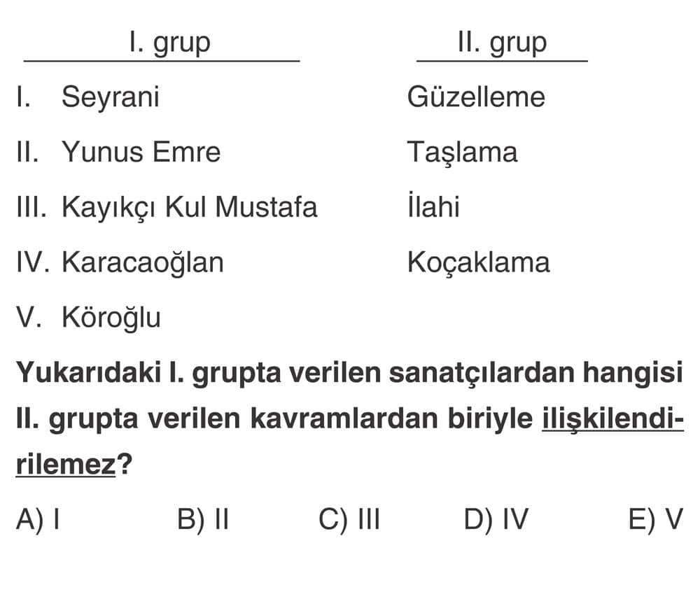 I. grup II. grup I. Seyrani Güzelleme II. Yunus Emre Taşlama III. Kayıkçı Kul Mustafa İlahi IV