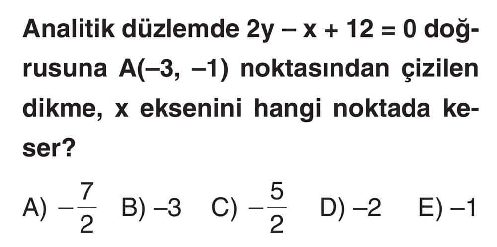 Analitik düzlemde 2y - x + 12 = 0 doğrusuna A(-3, -1) noktasından çizilen dikme, x eksenini hangi