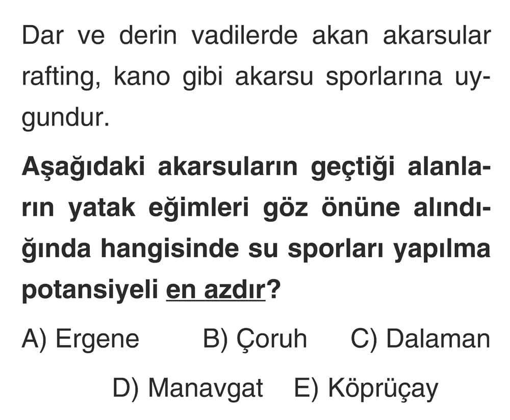 Dar ve derin vadilerde akan akarsular rafting, kano gibi akarsu sporlarına uygundur. Aşağıdaki