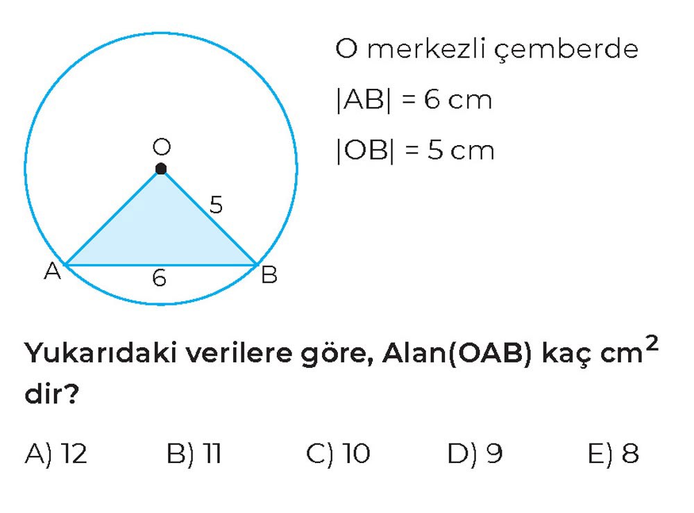 O merkezli çemberde |AB| = 6 cm |OB| = 5 cm Yukarıdaki verilere göre, Alan(OAB) kaç cm² dir?