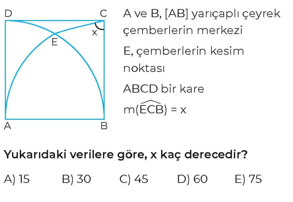 A ve B, [AB] yarıçaplı çevrek çemberlerin merkezi E, çemberlerin kesim noktası ABCD bir kare m(ECB)