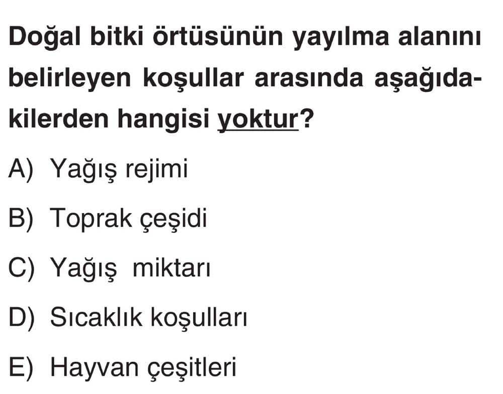 Doğal bitki örtüsünün yayılma alanını belirleyen koşullar arasında aşağıdakilerden hangisi yoktur?