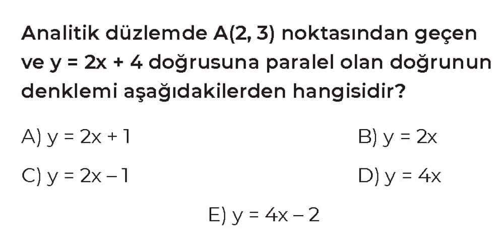 Analitik düzlemde A(2, 3) noktasından geçen ve y = 2x + 4 doğrusuna paralel olan doğrunun denklemi