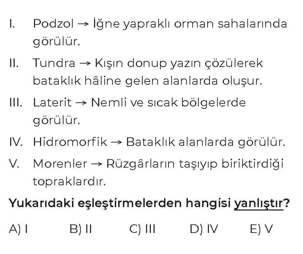 I. Podzol → İğne yapraklı orman sahalarında görülür. II. Tundra → Kışın donup yazın çözülerek