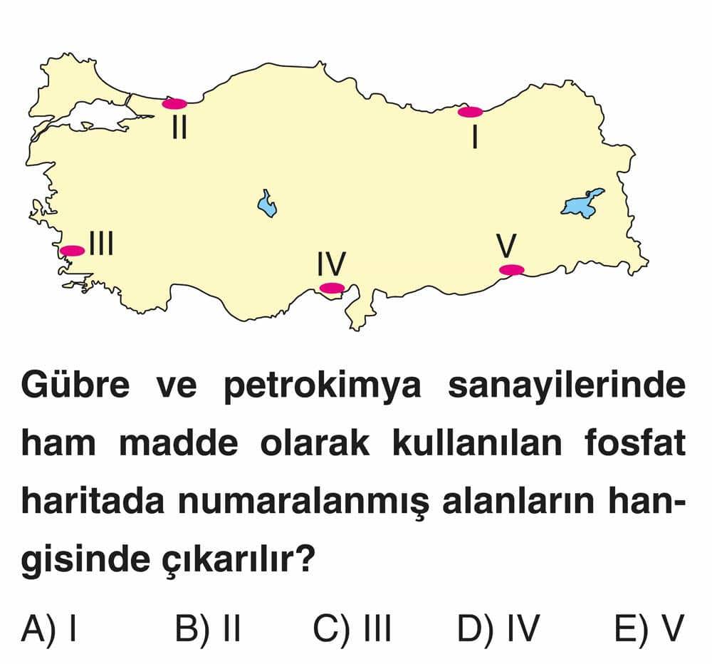 Gübre ve petrokimya sanayilerinde ham madde olarak kullanılan fosfat haritada numaralanmış alanların