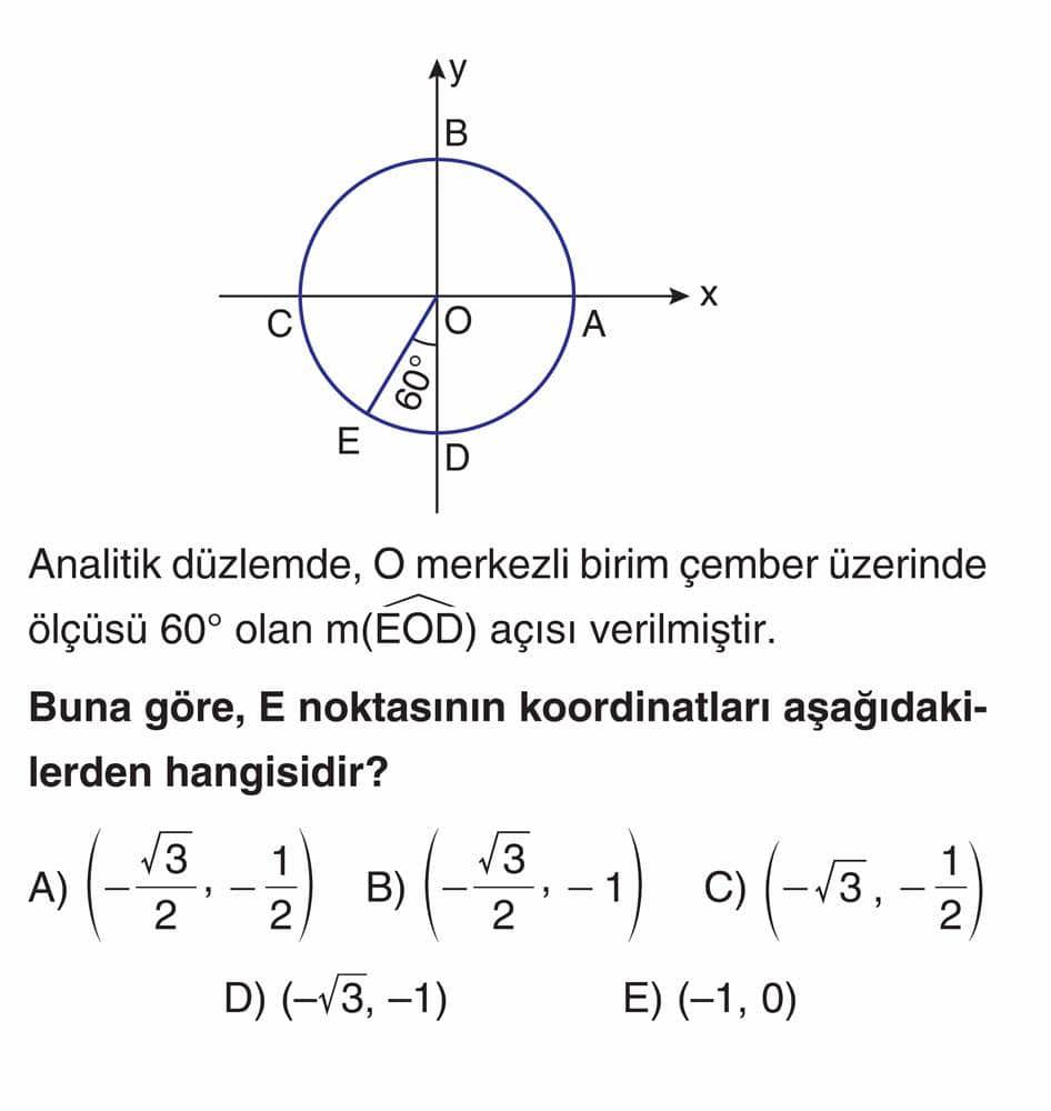 Analitik düzlemde, O merkezli birim çember üzerinde ölçüsü 60° olan m(EOD) açısı verilmiştir. Buna