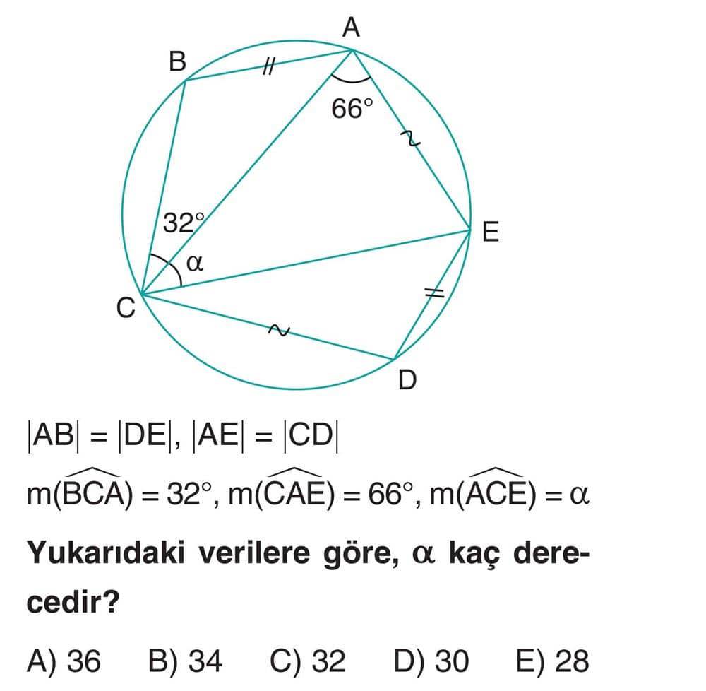|AB| = |DE|, |AE| = |CD| m(BCA) = 32°, m(CAE) = 66°, m(ACE) = α Yukarıdaki verilere göre, α kaç