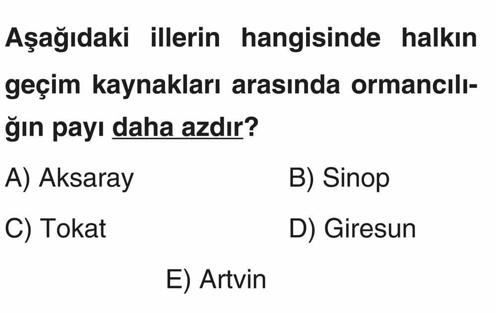 Aşağıdaki illerin hangisinde halkın geçim kaynakları arasında ormancılığın payı daha azdır?