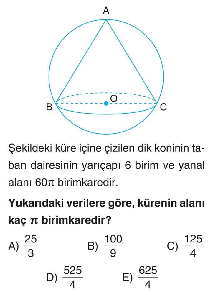 Şekildeki küre içine çizilen dik koninin taban dairesinin yarıçapı 6 birim ve yanal alanı 60π