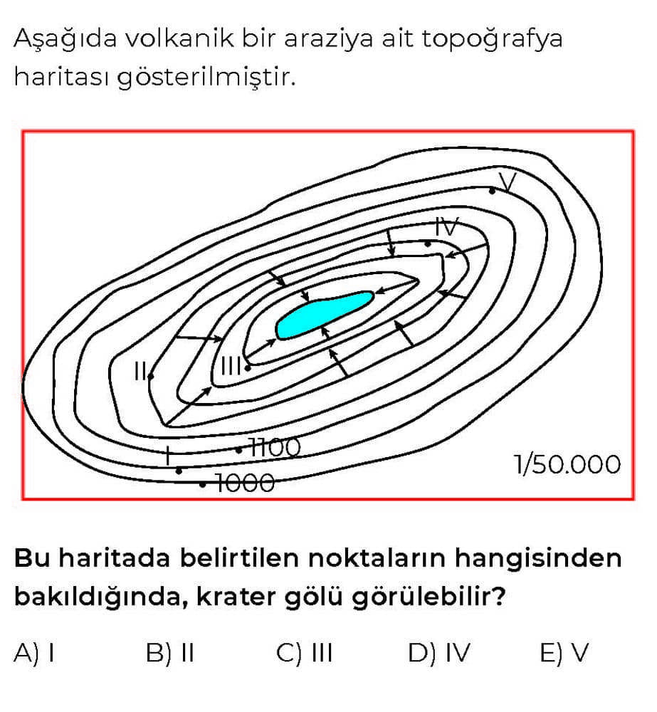 Aşağıda volkanik bir araziye ait topoğrafya haritası gösterilmiştir. Bu haritada belirtilen noktaların hangisinden bakıldığında