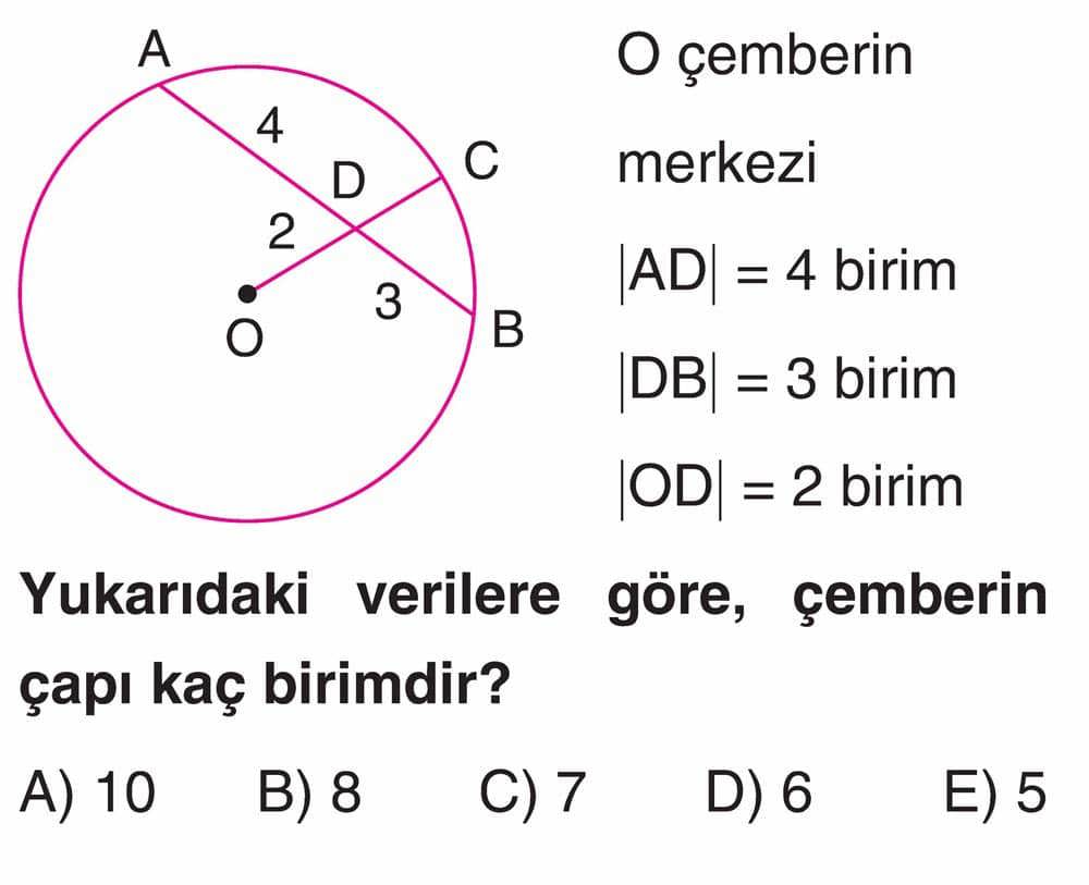 O çemberin merkezi |AD| = 4 birim |DB| = 3 birim |OD| = 2 birim Yukarıdaki verilere göre, çemberin