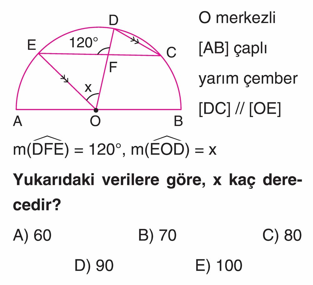 O merkezli [AB] çaplı yarım çember [DC] // [OE] m(DFE) = 120°, m(EOD) = x Yukarıdaki verilere göre